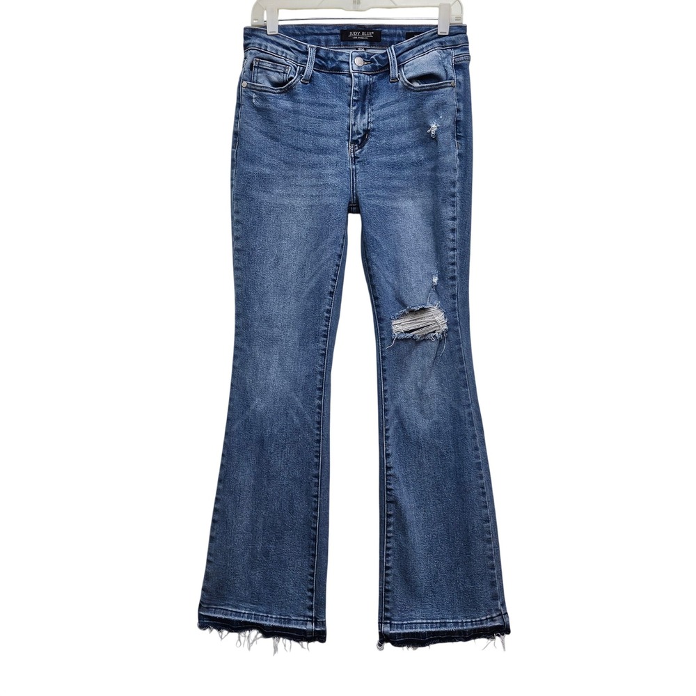 Judy Blue Bootcut Jeans Womens 7 Blue Distressed Raw Hem Shredded Knee Stretch